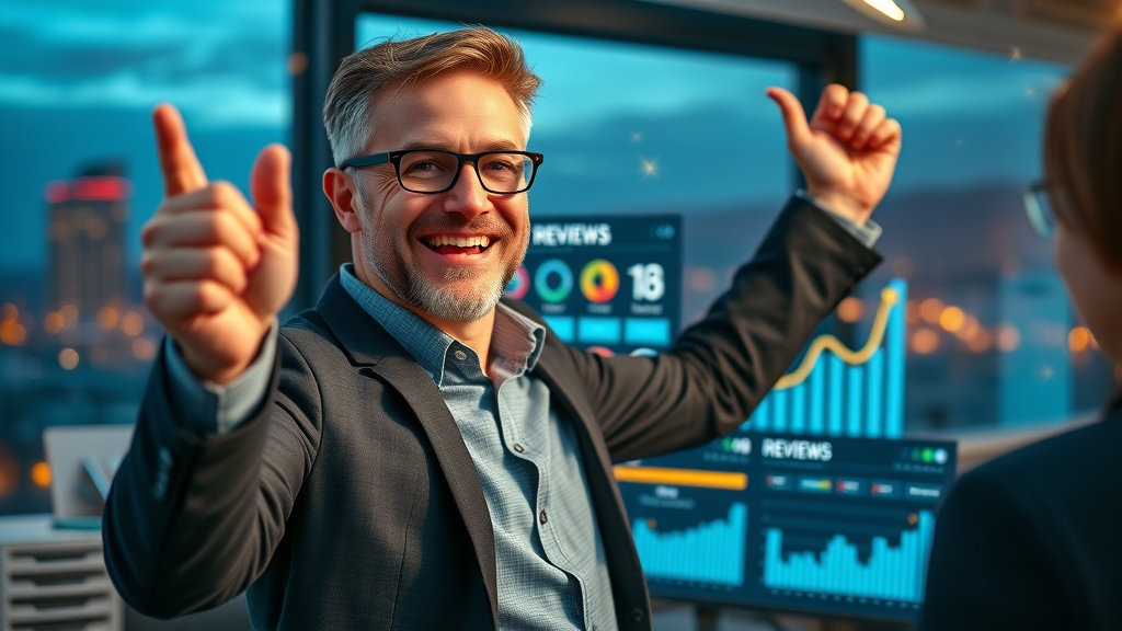 business owner celebrating massive improvement in online reviews and positive brand reputation