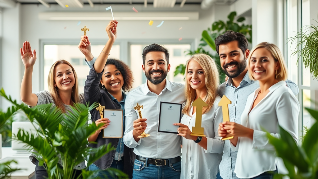 thriving brand team celebrating upward business growth in modern marketing office
