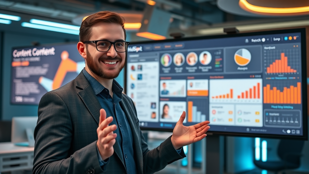 Content marketing tools: Marketer demonstrating HubSpot content dashboard with workflow and analytics.