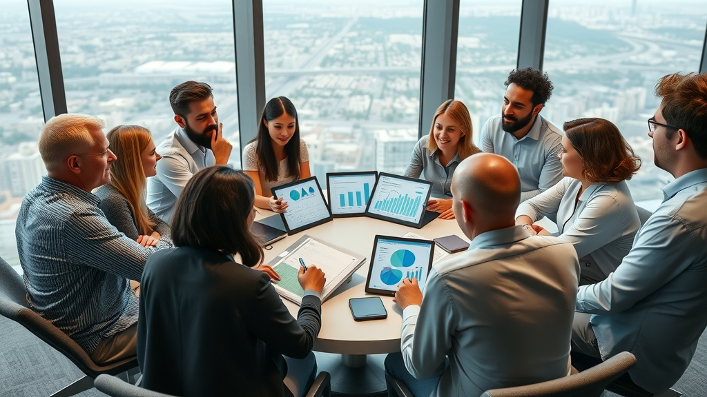 A multinational focus group discusses market research insights around a digital table in a high-rise conference room.