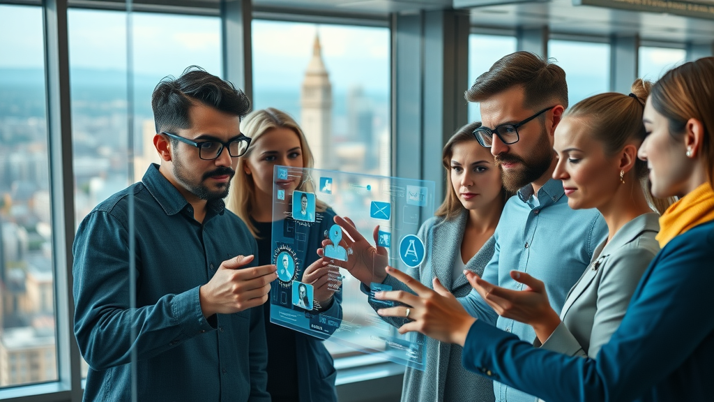 Dynamic digital marketing team collaborating with AI marketing tools and futuristic technology in a modern office environment, with cityscape view and interactive holographic screens