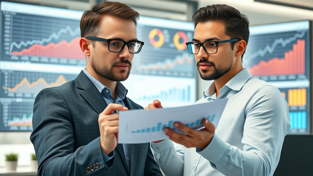 Insightful graph illustration showing marketing analysts reviewing customer retargeting statistics in a bright modern office with website analytics, animated charts, and figures representing customer retargeting performance
