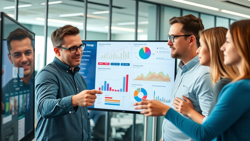 AI-driven customer segmentation marketing team analyzing dashboard with interactive graphs and heatmaps