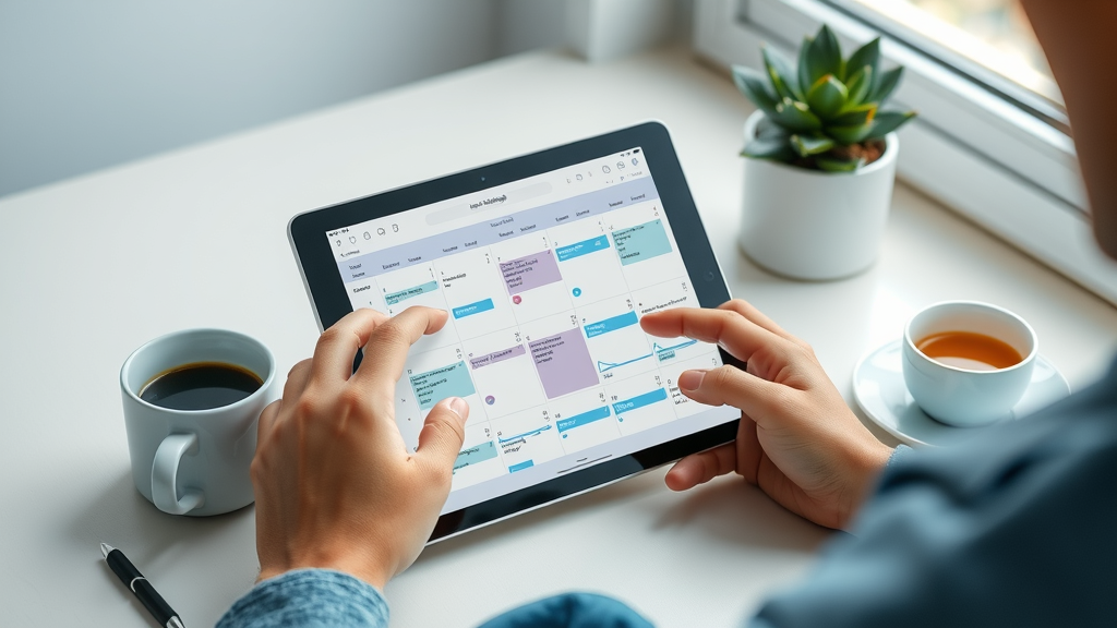 Organized digital content calendar on a tablet, planning social media content plan, social media marketing strategy, content calendar, media content
