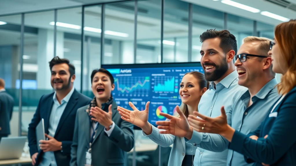 Inspirational business team watching video marketing analytics on a large screen in a modern office, excited to see growth statistics, cool tones