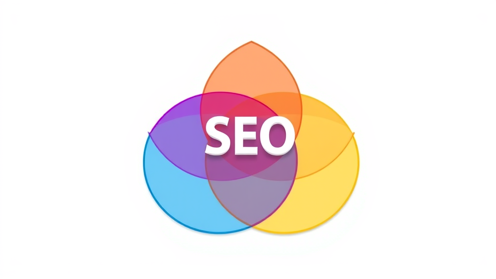 2D cartoon Venn diagram showing 4 pillars of SEO techniques and strategies