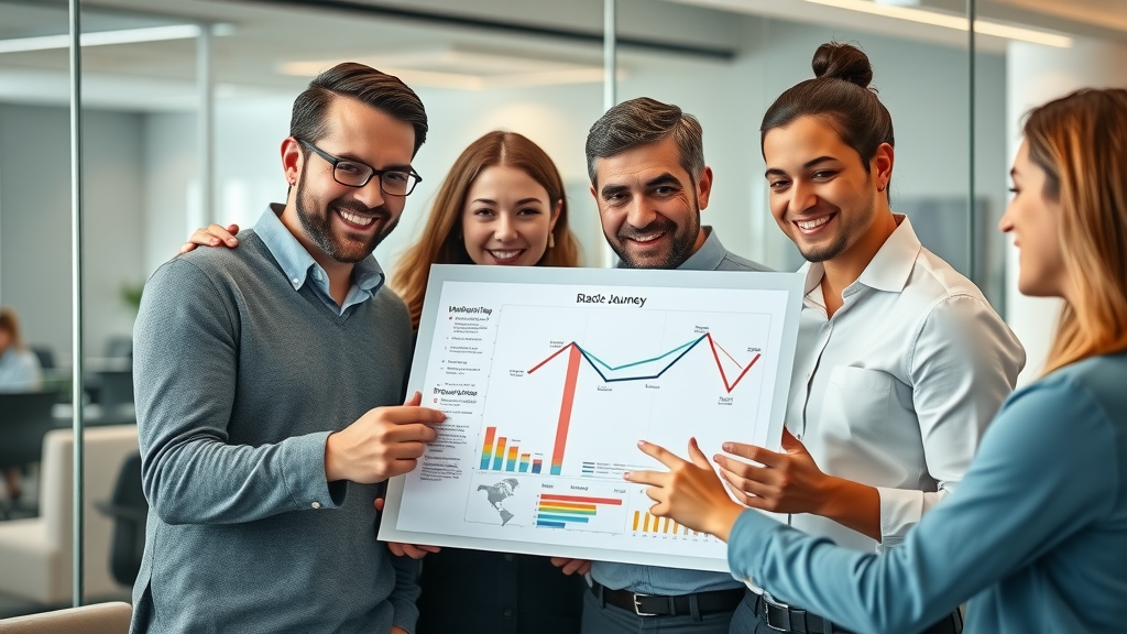 confident marketing and sales teams collaborating over customer journey maps sales and marketing alignment