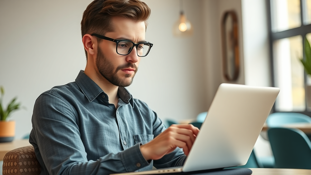 Marketer reading latest social media updates and marketing news on a sleek laptop in a minimalistic café