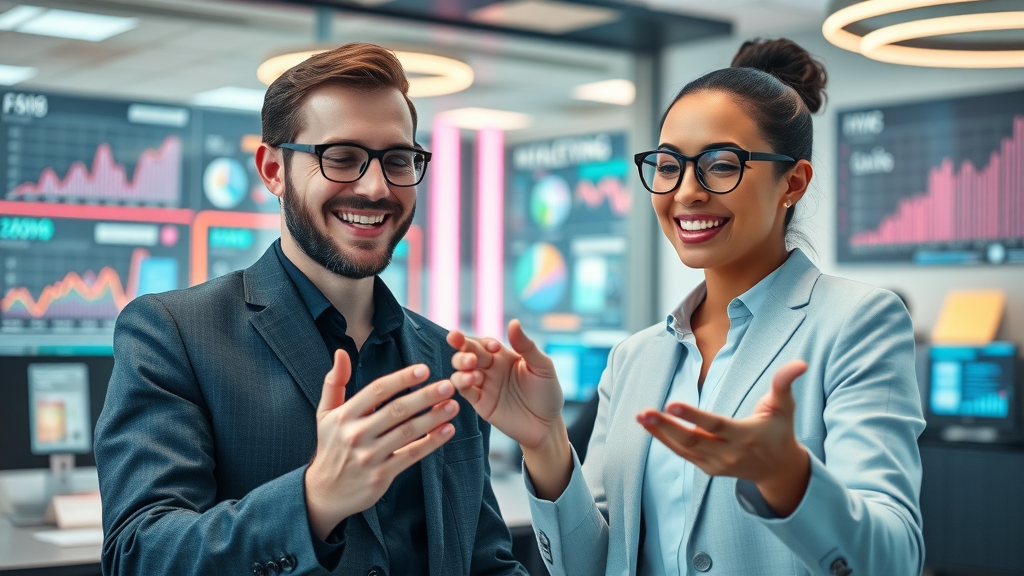 Futuristic marketing agency team interacting with generative AI tools and holograms