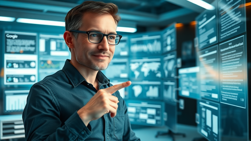 seo strategist analyzing search intent, flowcharts and Google search pathways, digital user query visualization