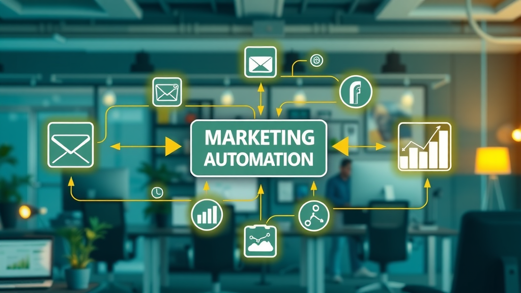 marketing automation flowchart connecting email, CRM, social media, analytics