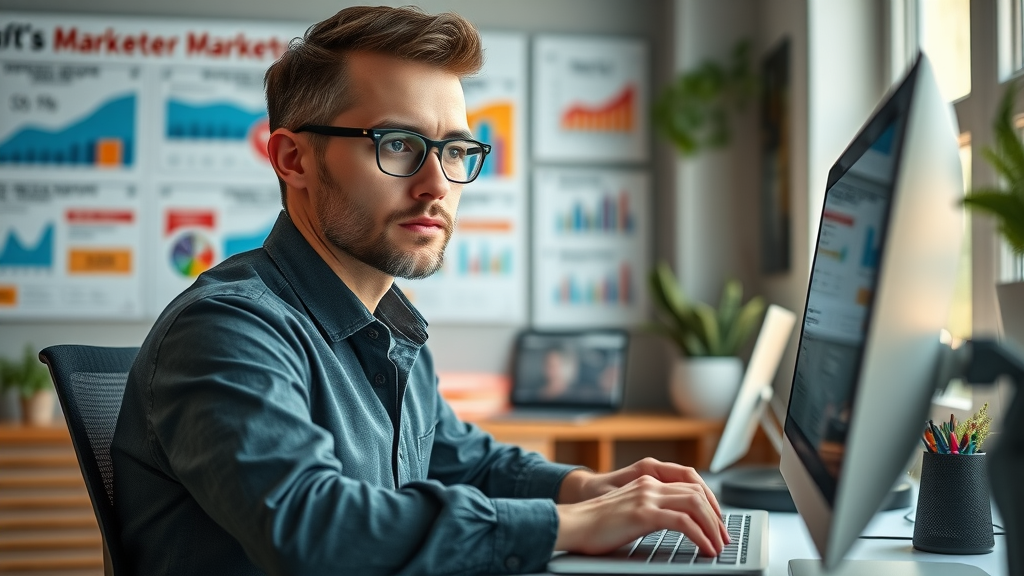 Marketer crafting effective subject lines at computer for email marketing campaign