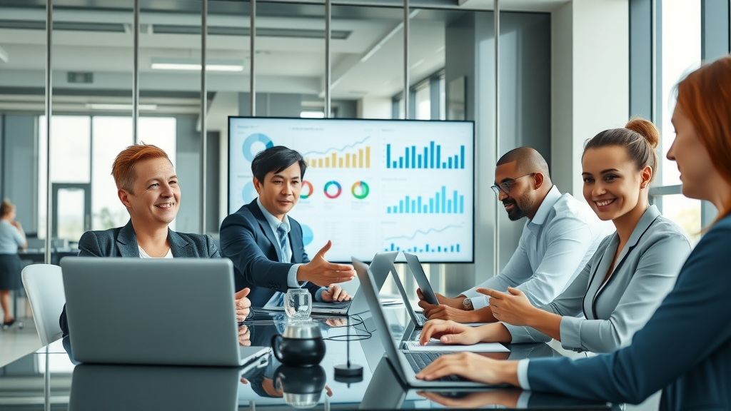 modern business team in a sleek digital marketing office working collaboratively on laptops, digital marketing dashboards displayed, confident expressions. Digital marketing strategy in action.