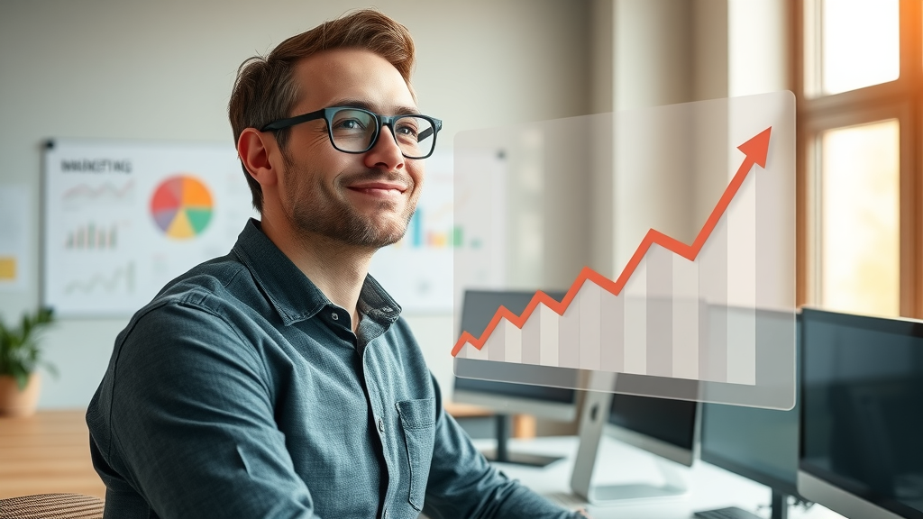 Content marketing tools: Marketer reviewing marketing strategy growth on digital infographic in modern workspace.
