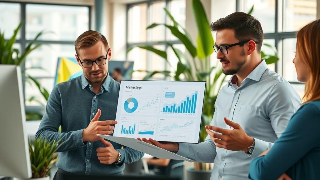 inbound marketing professionals analyzing marketing analytics in a modern business office