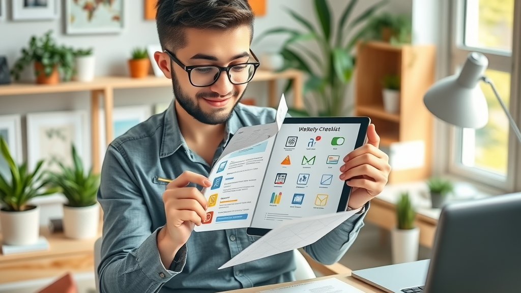 conversion rate optimization strategist assembling checklist, digital workspace, CRO icons