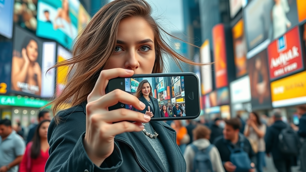 vertical video - modern content creator holding smartphone vertically for social media video creation in a vibrant city