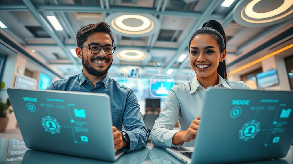 professionals integrating CRM, social media, and marketing automation tools in digital office
