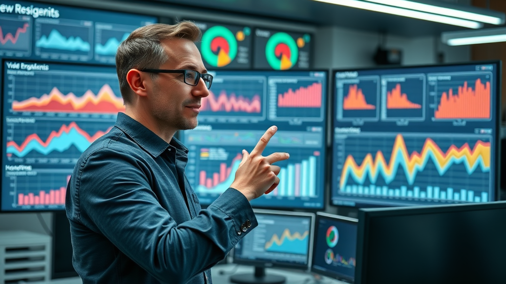 Video performance engagement: analyst reviewing video engagement rate and other metrics on dashboard