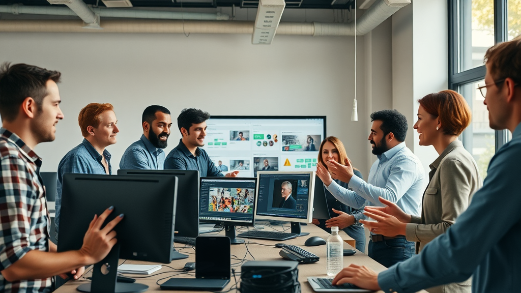 Marketers collaborating with video editing tools in a vibrant office, brainstorming marketing video campaigns — video marketing tools, editing tool, marketing team