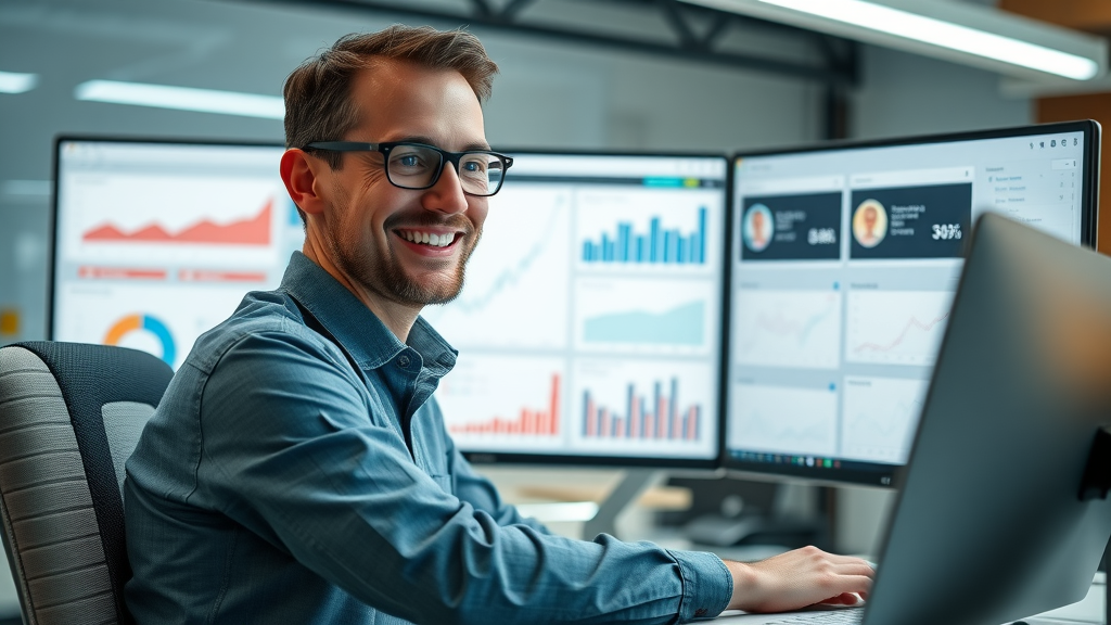 social media scheduling tool dashboard interface with engagement metrics and happy user analyzing results