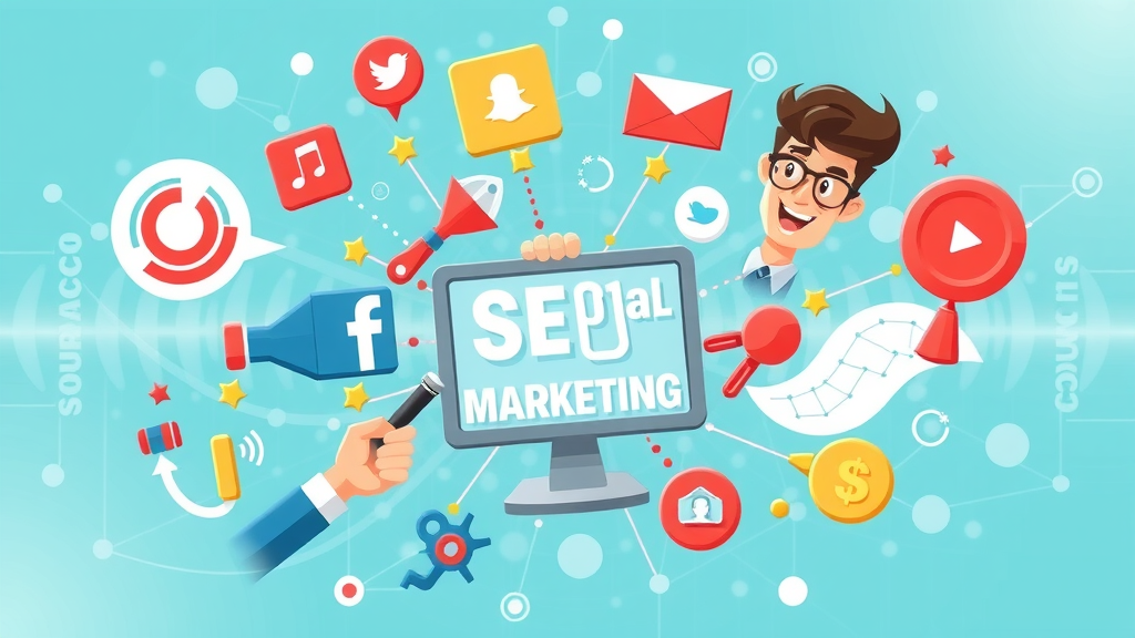 Infographic illustration of digital marketing channels: SEO, email, social media, content marketing. Digital marketing network visualization for business.