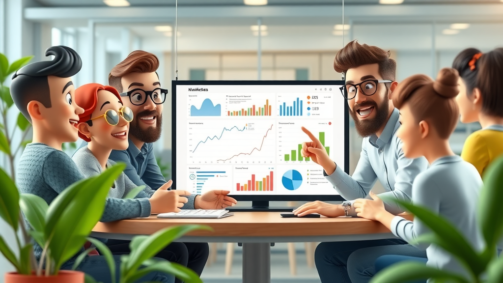 cost per acquisition calculation steps, marketing team analyzing result, colorful creative office