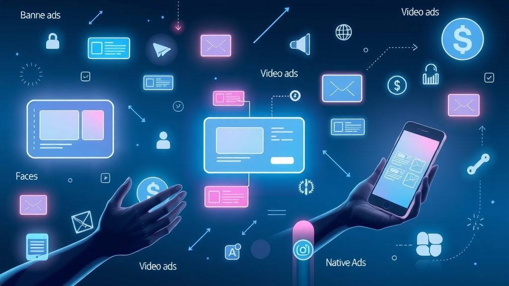 sleek infographic illustration showing banner ads, video ads, native ads, mobile ads, types of online advertising