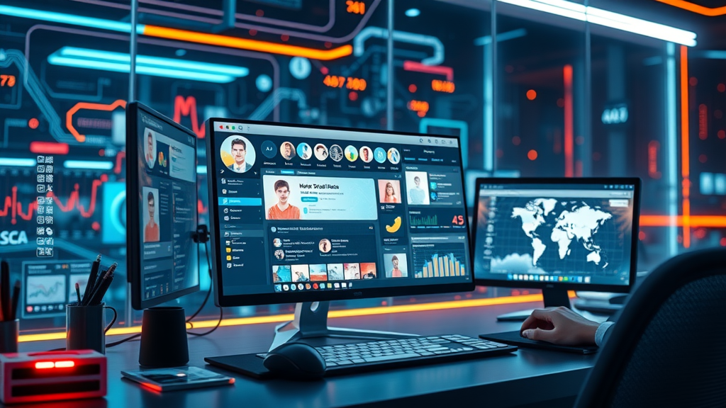 sleek desktop workspace setup with leading social media dashboards and user interface showing animated avatars and app logos on an abstract tech-themed background