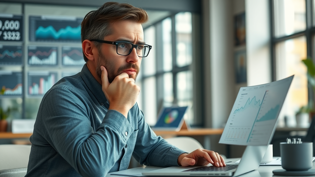 frustrated marketer at desk reviewing disappointing social media campaign analytics on laptop