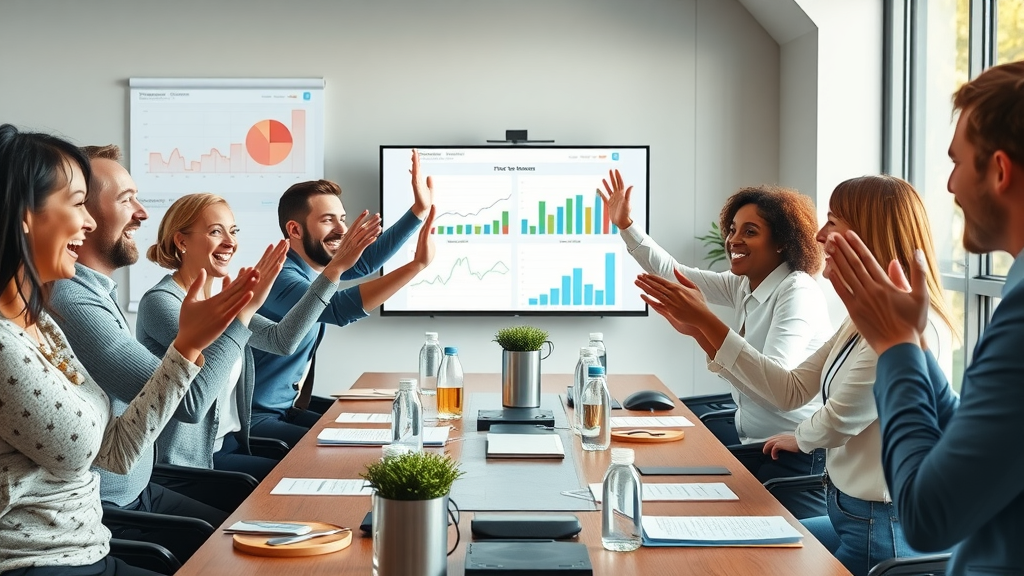 Diverse marketing team celebrating improved pay-per-click results with victorious expressions and office charts.