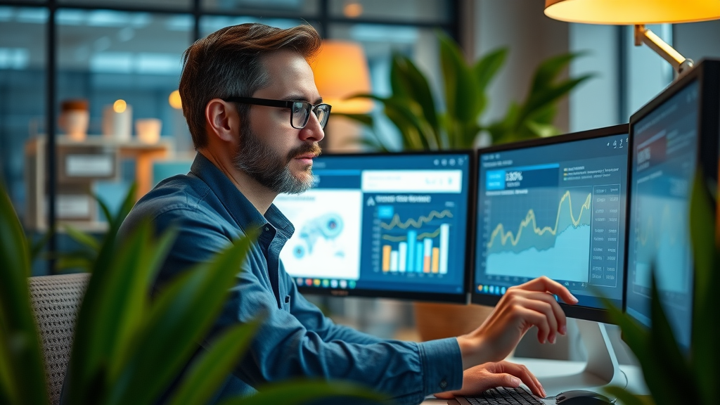 Marketing strategist analyzing competitor gap charts using keyword research tool data in a dynamic office