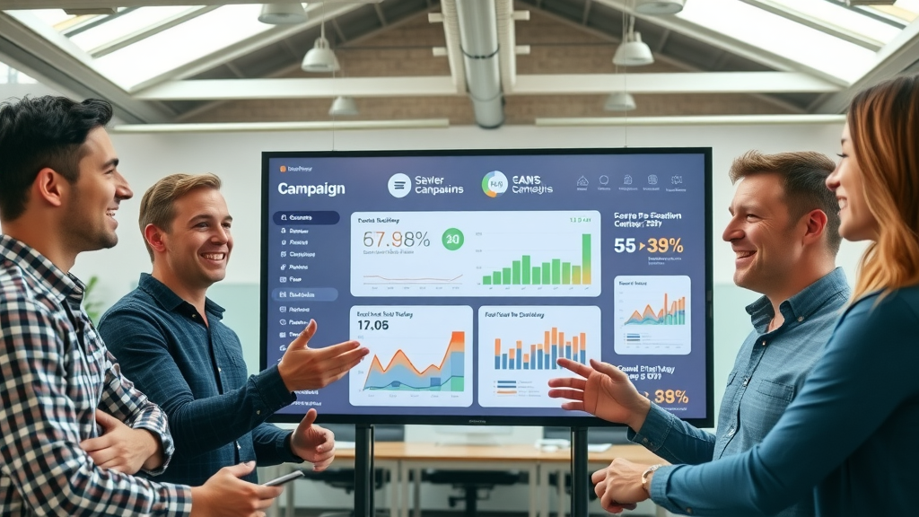 marketing team reviewing campaign metrics on digital dashboard, marketing automation results