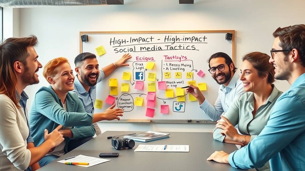 creative team brainstorming actionable social media tactics with digital whiteboard