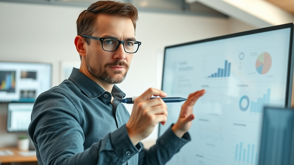 marketing manager mapping data-driven marketing strategy on digital whiteboard