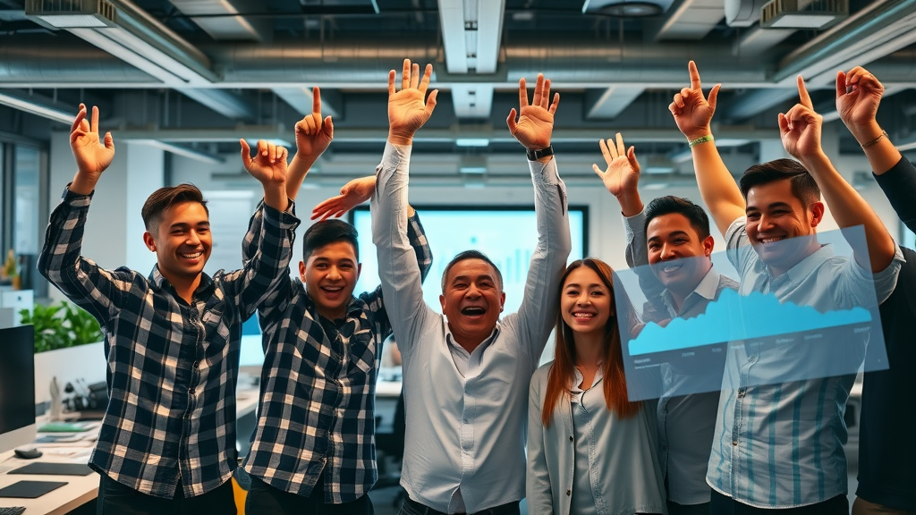 successful tech company celebrating increased performance using marketing analytics projections