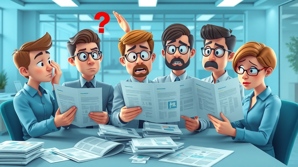 Confused marketing team reviewing branding documents, identifying branding tone mistakes