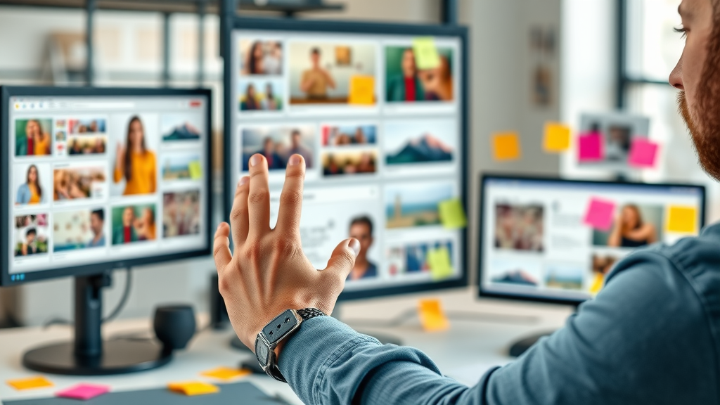 Creator planning social media content; arranging digital images and graphics; modern workspace; social media strategy