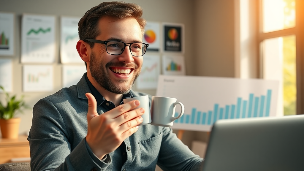 small business owner celebrating success from online ad analytics results