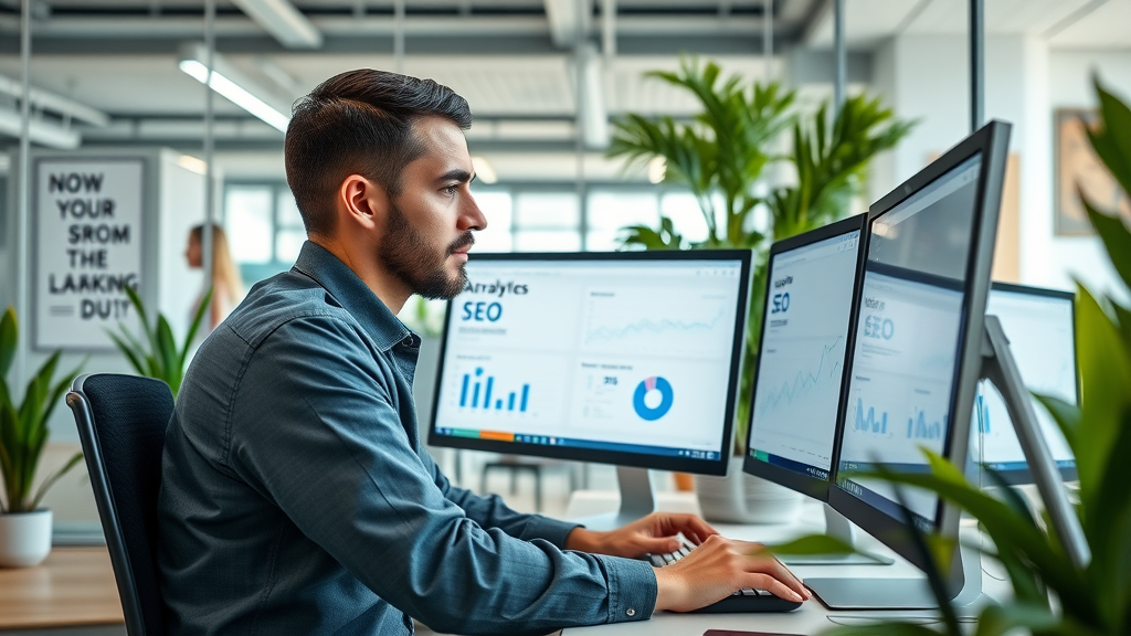 digital marketing expert analyzing SEO optimization and search engine ranking data in a modern office workspace