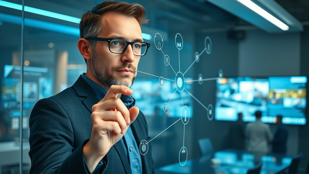 Marketing strategist using glass board to connect digital marketing channels with digital interfaces and AI tools in high-tech meeting room