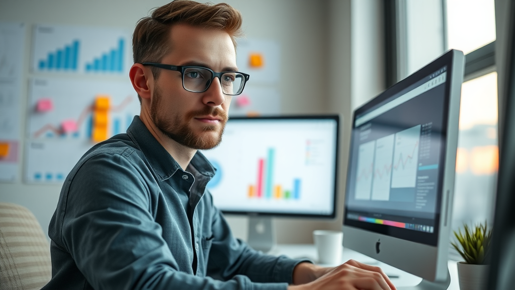 Digital marketer setting up automated email workflow in creative workspace