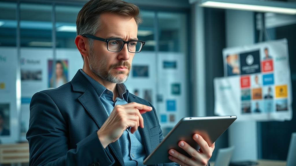 brand voice analysis strategist reviewing inconsistent brand messaging visuals with concern