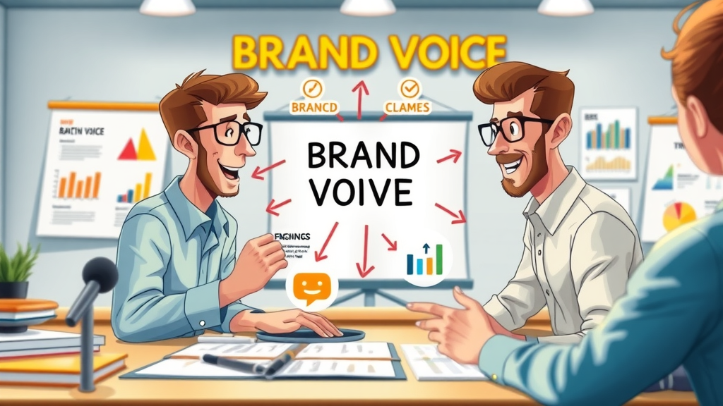 brand voice analysis infographic illustrating interconnected elements of tone, values, and identity