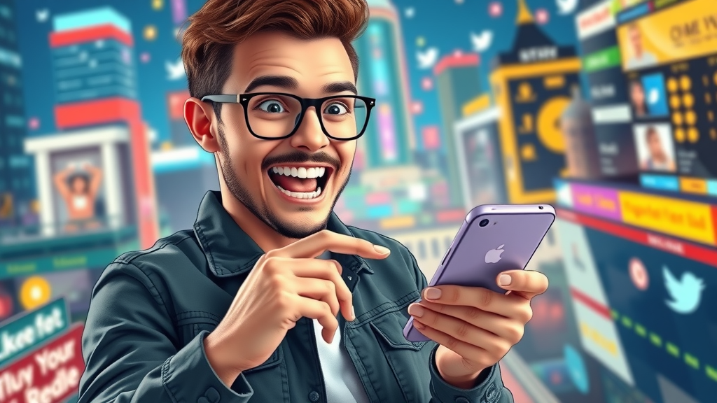 young professional creating viral social media post on smartphone with dynamic city background