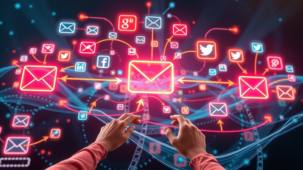 Visualization of synchronized email and social media marketing automation, glowing digital network, social media, email marketing ROI