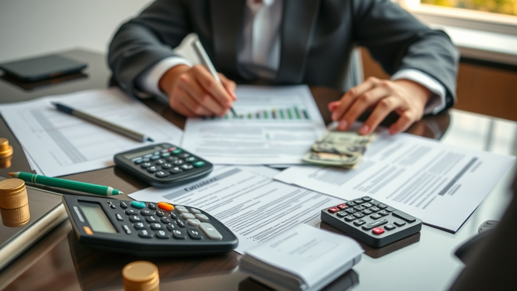 Desk with influencer marketing contracts, calculator, cash and budgeting documents