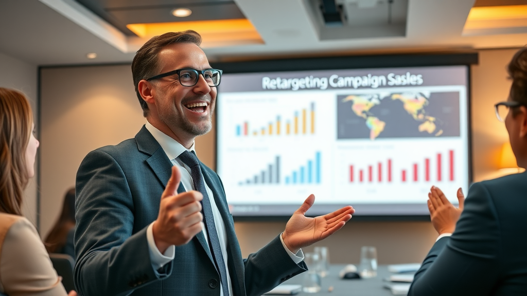 Business executive presenting retargeting campaign case studies on a projection screen, showing successful sales recovery graphs and dynamic slide visuals