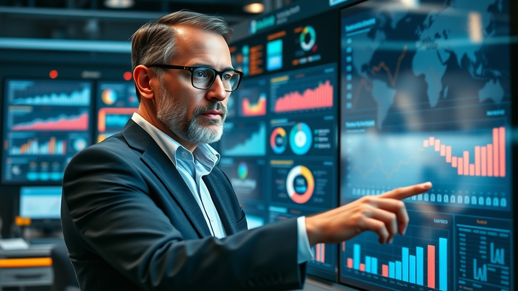 business executive reviewing b2b lead generation software analytics dashboard