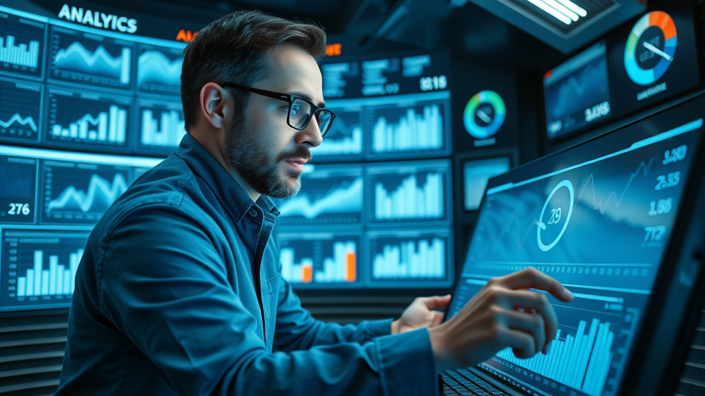Analytics dashboard; marketer analyzing KPIs and charts; social media strategy performance